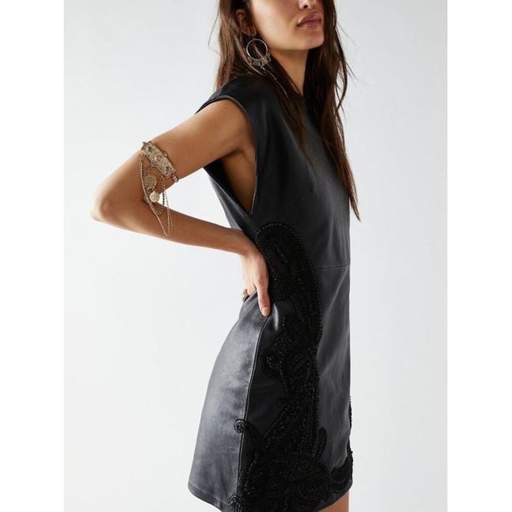 New FREE PEOPLE City Slicker Leather Mini Dress $698 SIZE 10 Black - Picture 4 of 8
